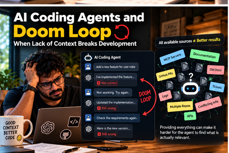 An AI coding agent stuck in a Doom Loop beside conflicting sources of project context