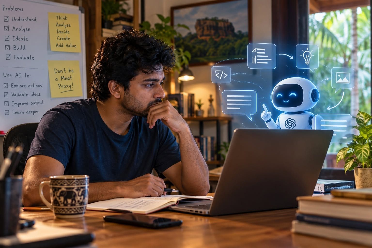 A developer thinking at his desk beside an AI assistant, with a note saying ‘Don't be a Meat Proxy!’